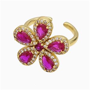 Copper Flower Rings Pave Zirconia Fuchsia Crystal Glass Gold Plated, approx 20mm, 18mm dia