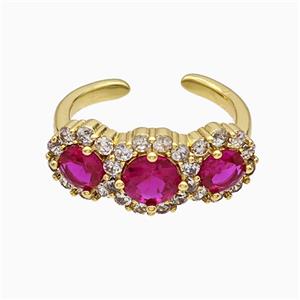 Copper Flower Rings Pave Zirconia Fuchsia Crystal Glass Gold Plated, approx 10mm, 18mm dia
