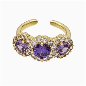 Copper Flower Rings Pave Zirconia Purple Crystal Glass Gold Plated, approx 10mm, 18mm dia