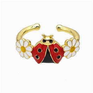 Copper Ladybug Rings Flower White Red Enamel Gold Plated, approx 7-10mm, 18mm dia