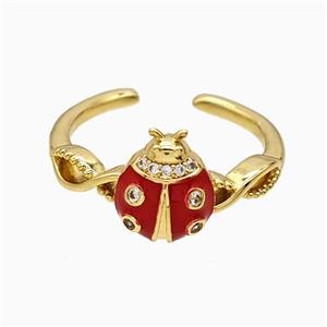 Copper Ladybug Rings Pave Zirconia Red Enamel Gold Plated, approx 7-10mm, 18mm dia