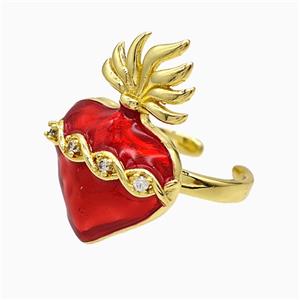 Copper Heart Rings Pave Zirconia Red Painted Gold Plated, approx 20-26mm, 18mm dia