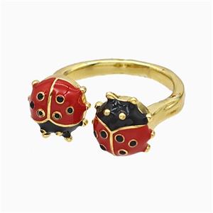 Copper Ladybug Rings Red Enamel Gold Plated, approx 10mm, 18mm dia
