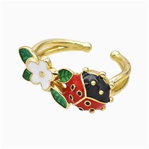Copper Ladybug Rings Red Enamel Flower Gold Plated, approx 10-22mm, 18mm dia