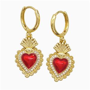 Copper Heart Hoop Earrings Pave Zirconia Red Painted Gold Plated, approx 14-20mm, 14mm dia