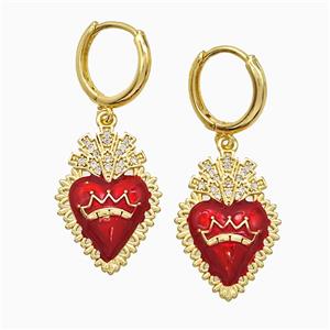 Copper Heart Hoop Earrings Pave Zirconia Red Painted Crown Gold Plated, approx 16-23mm, 14mm dia