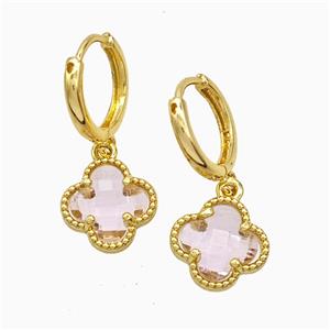 Copper Clover Hoop Earrings Pave Pink Crystal Glass Gold Plated, approx 12mm, 14mm dia