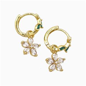 Copper Flower Hoop Earrings Pave Crystal Glass Gold Plated, approx 10mm, 14mm dia