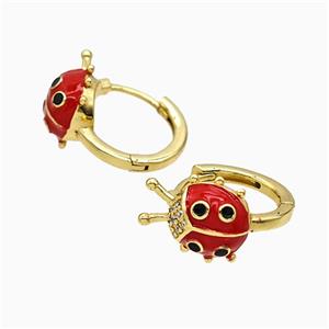 Copper Ladybug Hoop Earrings Pave Zirconia Red Enamel Gold Plated, approx 11-14mm, 17mm dia