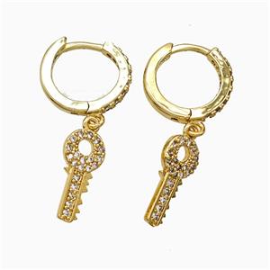 Copper Key Hoop Earrings Pave Zirconia Gold Plated, approx 7-15mm, 14mm dia