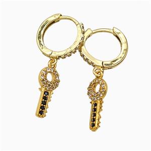 Copper Key Hoop Earrings Pave Zirconia Gold Plated, approx 7-15mm, 14mm dia