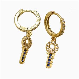 Copper Key Hoop Earrings Pave Zirconia Gold Plated, approx 7-15mm, 14mm dia