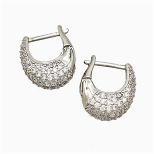 Copper Latchback Earrings Pave Zirconia Platinum Plated, approx 14-17mm