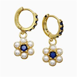 Copper Flower Hoop Earrings Pave Zirconia Pearlized Resin Gold Plated, approx 13mm, 14mm dia