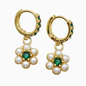 Copper Flower Hoop Earrings Pave Zirconia Pearlized Resin Gold Plated, approx 13mm, 14mm dia