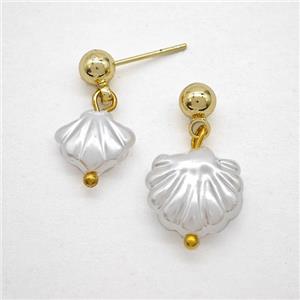 Copper Stud Earrings With Pearlize Resin Scallop Gold Plated, approx 10mm