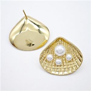 Copper Scallop Shell Stud Earrings Pave Pearlized Resin Gold Plated, approx 26-30mm
