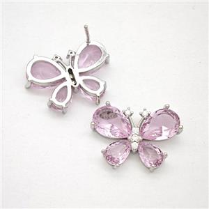 Copper Butterfly Stud Earrings Pave Pink Crystal Glass Platinum Plated, approx 15-20mm