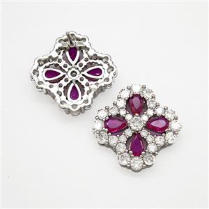 Copper Flower Stud Earrings Pave Zirconia Fuchsia Crystal Glass Platinum Plated, approx 16-19mm