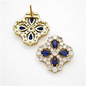 Copper Flower Stud Earrings Pave Zirconia Blue Crystal Glass Gold Plated, approx 16-19mm