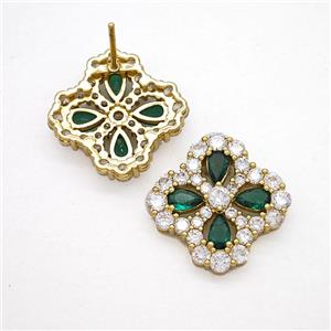 Copper Flower Stud Earrings Pave Zirconia Green Crystal Glass Gold Plated, approx 16-19mm