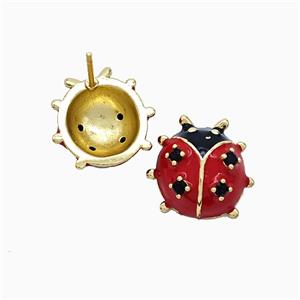 Copper Ladybug Stud Earrings Red Enamel Gold Plated, approx 14-15mm