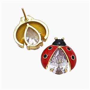 Copper Ladybug Stud Earrings Pave Crystal Glass Red Enamel Gold Plated, approx 17mm