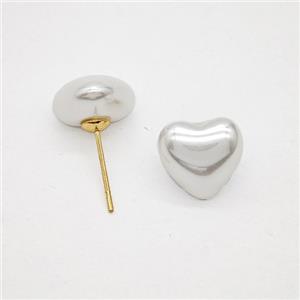 White Pearlized Resin Heart Stud Earrings Copper Gold Plated, approx 11.5mm