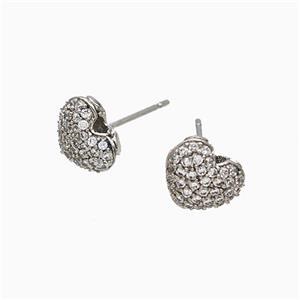 Copper Heart Stud Earrings Micropave Zirconia Platinum Plated, approx 9mm