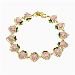 Copper Strawberry Bracelet Pave Zirconia Pink Enamel Gold Plated, approx 10-12mm, 18cm length