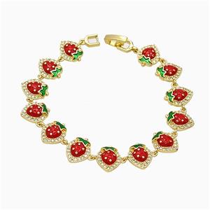 Copper Strawberry Bracelet Pave Zirconia Red Enamel Gold Plated, approx 10-12mm, 18cm length