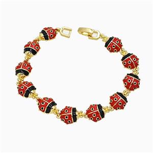 Copper Ladybug Bracelet Red Enamel Gold Plated, approx 10mm, 18cm length