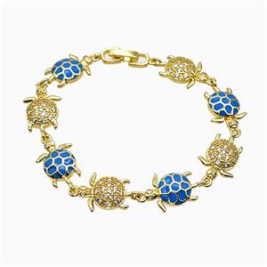 Copper Tortoise Bracelet Pave Zirconia Blue Enamel Gold Plated, approx 13-20mm, 18cm length