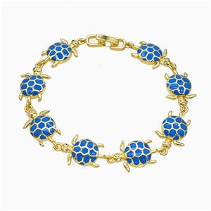 Copper Tortoise Bracelet Blue Enamel Gold Plated, approx 13-20mm, 18cm length