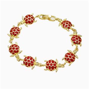 Copper Tortoise Bracelet Red Enamel Gold Plated, approx 13-20mm, 18cm length