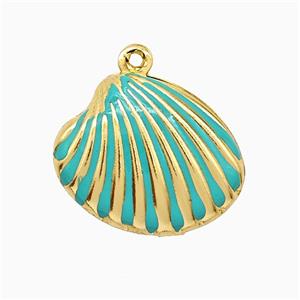 Copper Scallop Shell Pendant Teal Enamel Gold Plated, approx 15-19mm