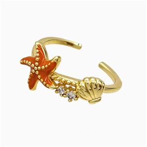 Copper Starfish Rings Orange Enamel Scallop Shell Gold Plated, approx 8mm, 11mm, 18mm dia