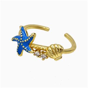 Copper Starfish Rings Blue Enamel Scallop Shell Gold Plated, approx 8mm, 11mm, 18mm dia
