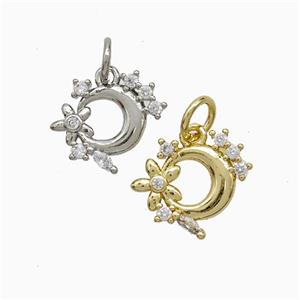 Copper Moon Flower Pendant Pave Zirconia Mixed, approx 12-13mm