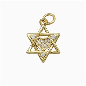 Copper David Star Pendant Pave Zirconia Heart Gold Plated, approx 14mm