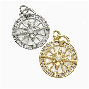 Dharma Wheel Charms Copper Pendant Pave Zirconia Shell Circle Mixed, approx 19mm