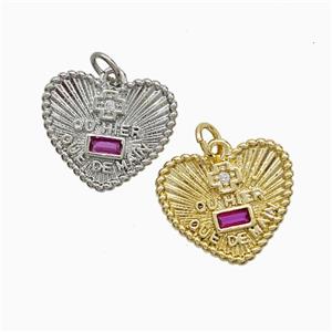 Copper Heart Pendant Pave Zirconia French Love Cross Mixed, approx 14-17mm