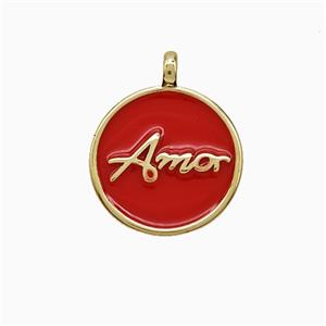 Copper Amor Pendant Red Enamel Circle Gold Plated, approx 15mm