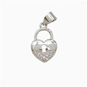 Copper Heart Lock Pendant Pave Zirconia Platinum Plated, approx 10-13mm