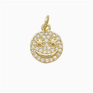 Copper Emoji Pendant Pave Zirconia Smileface 18K Gold Plated, approx 11mm