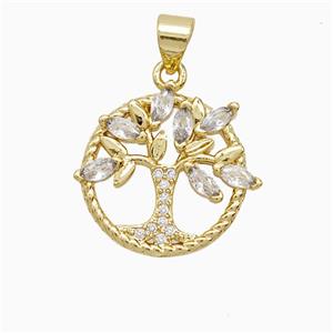 Copper Tree Pendant Micropave Zirconia 18K Gold Plated, approx 16mm