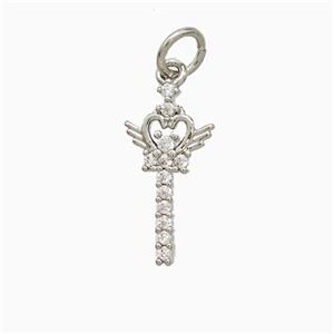Copper Magic Wand Pendant Pave Zirconia Angel Wings Platinum Plated, approx 8-16mm