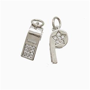 Copper Whistle Pendant Pave Zirconia Star Platinum Plated, approx 7-12mm