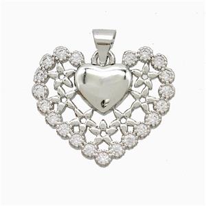 Copper Heart Pendant Pave Zirconia Platinum Plated, approx 20-22mm