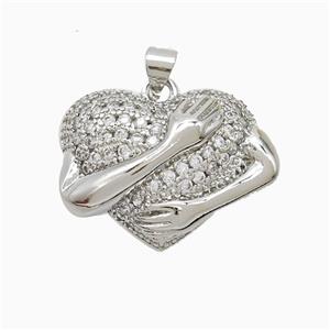 Copper Heart Pendant Pave Zirconia Love Embrace Platinum Plated, approx 19-25mm